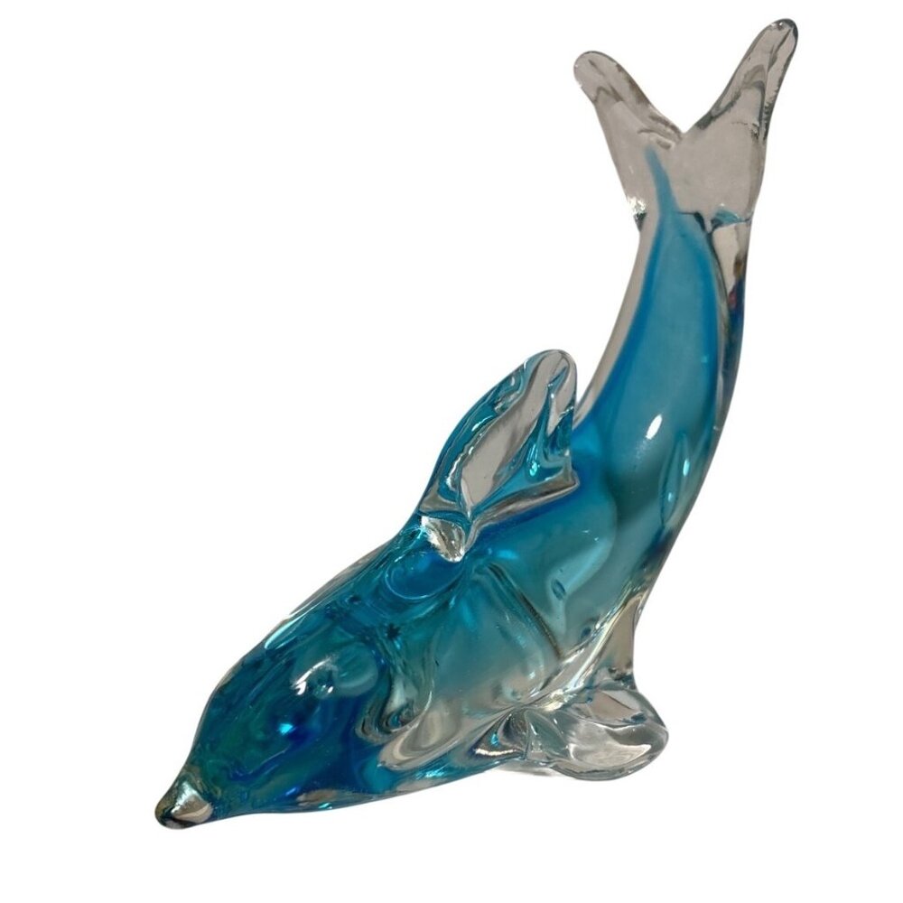 Dolphin Figurine Paperweight Hand Blown Glass Blue & Clear 6" Beach Nautical
